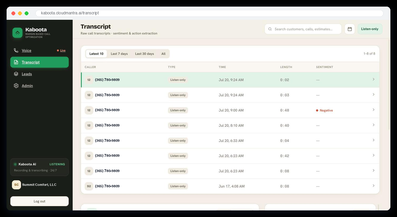 Kaboota Transcript — every call transcribed and analyzed