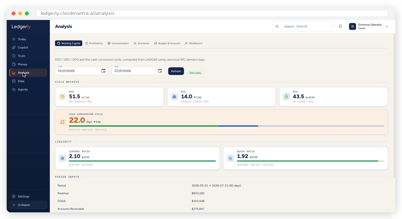 Ledgerly Analysis — economic engines and financial views
