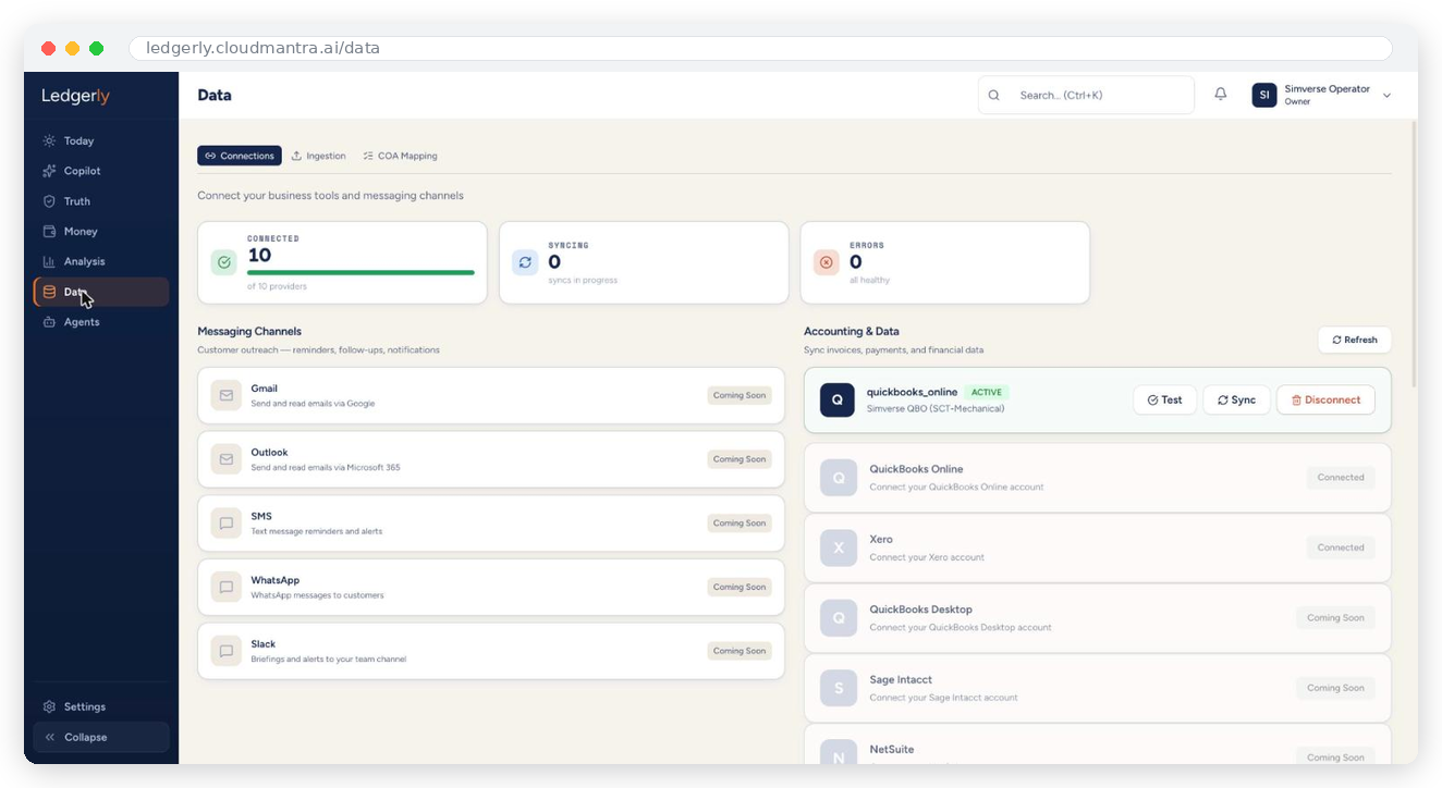 Ledgerly Data — live connections to your financial systems